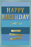 The image shows a refined blue and gold birthday card photographed close up, its design thoughtfully balanced to evoke calm happiness, as if chosen during an unhurried wander through Barking's local shops. The card's entire surface is covered in generous horizontal bands of blue, which gradually shift in tone from deep navy and rich denim through to softer teal, aqua, and sky blue. This soft gradient feels soothing, like watching clouds drift over Barking Park's lake on a bright afternoon. Set squarely in the centre is the message HAPPY BIRTHDAY, picked out in large, embossed gold capital letters that glint gently when the light hits them. The gold is neither too shiny nor dull; it has the warm glow of polished brass, bringing a subtle sense of occasion. Just underneath, a delicate gold flourish curls across the width of the card, adding a classic, ornamental touch that suggests a nod to tradition and timeless style. Below this flourish sit three narrow gold banners stacked neatly, each carrying part of the friendly sentiment: Relax, have a great day and enjoy! The banners echo the horizontal structure of the card, harmonising with the blue stripes. A fine gold border frames the whole scene, drawing the eye inward and giving the design a finished, almost framed-art quality. You can picture this card standing next to a simple vase of fresh birthday blooms on a windowsill in a Barking home, catching soft daylight. It embodies a message of unhurried celebration, thoughtful wishes, and a birthday spent enjoying the little comforts of the day.